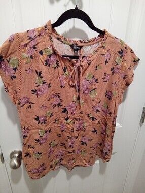 Buffalo David Bitton Sz L Peach Floral Print (Pinks&Yellow)Short Sleeve Blouse